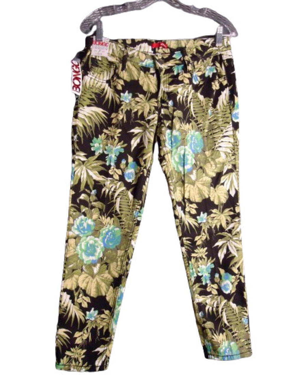 Bongo Cropped Skinny Ankle Jeans Juniors Size 7 Green/Black Floral Print New
